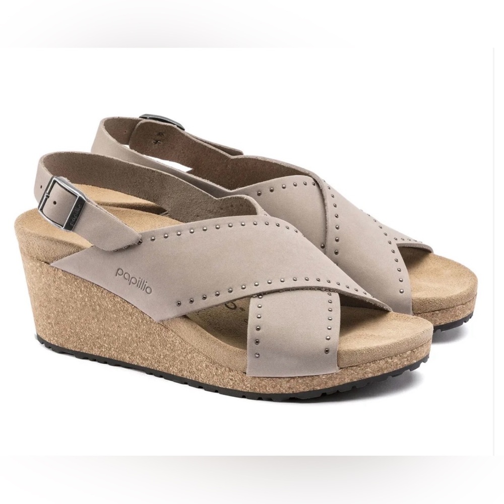 Papillio Birkenstock Beige Biscuit Rivets Suede Samira Wedge Sandals Size 10/41